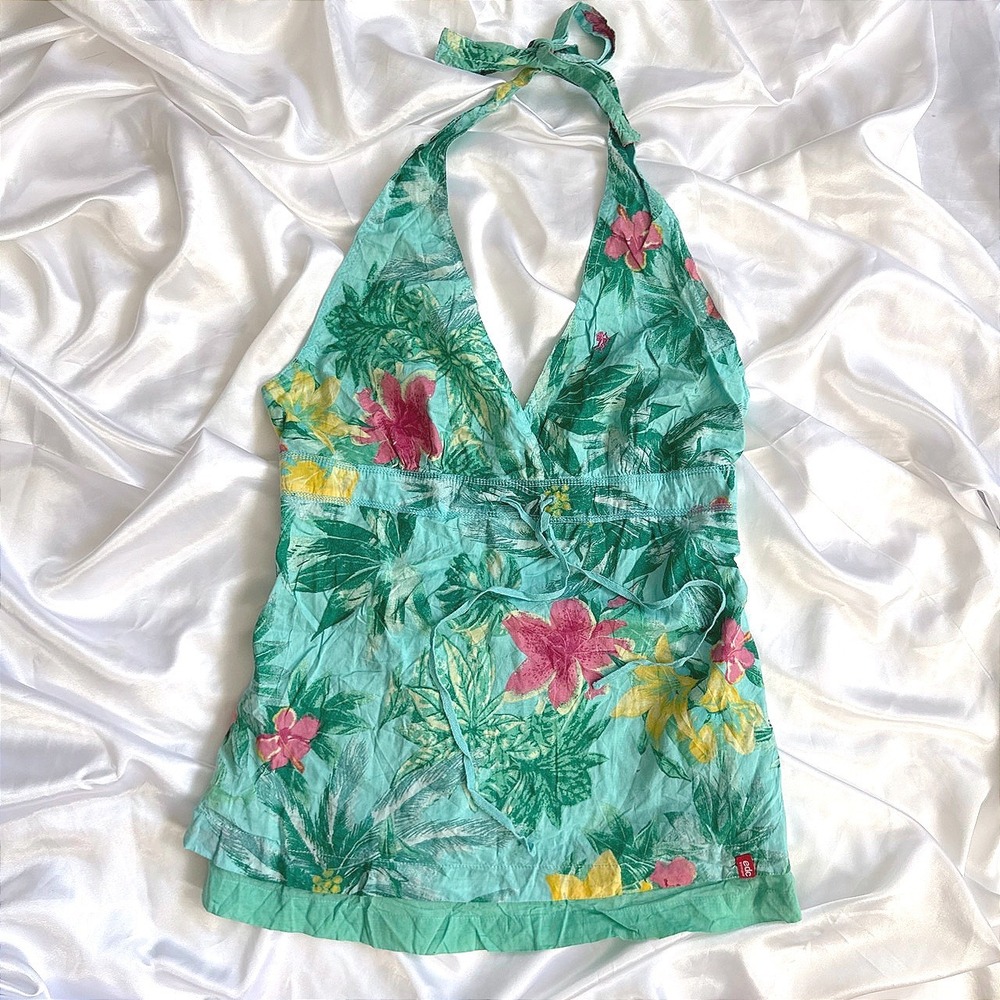 EDC by Esprit Turquoise Tropical Floral Halter Top Y2K Hibiscus Print Size M